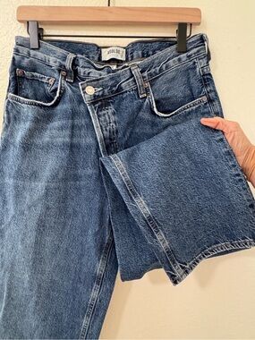 Agolde Women’s Straight Leg Jeans with Asymmetrical Button Fly in Medium Blue